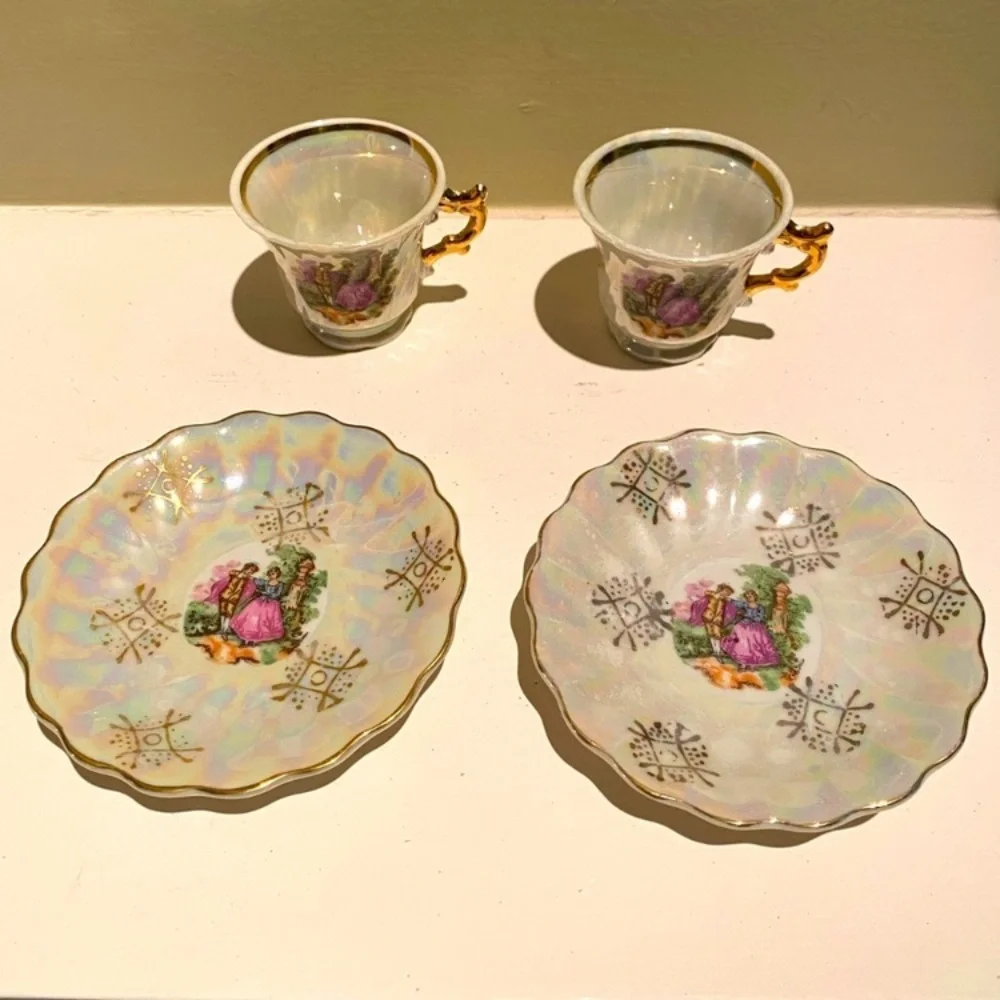 Victorian Lovers Teacups Courting Couple 1900s Japan 24K Gold Pearl Demitasse